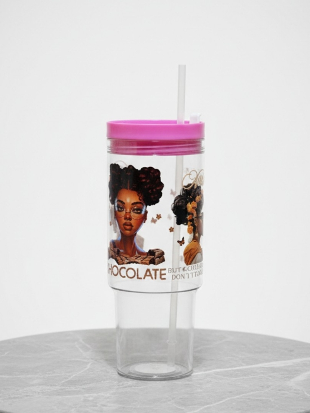 Pink Lid Tumbler with Straw – Chocolate Womem Custom Artwork